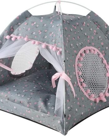 Cat Bed Tents Dog House Indoor Outdoor Lace Mesh Breathable Windows Door Curtains Removable Portable Nest Teepe House (Small,Gray&Pink)