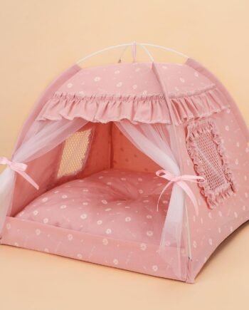 Cat Bed Tents Dog House Indoor Outdoor Lace Mesh Breathable Windows Door Curtains Removable Portable Nest Teepe House (Small,Pink(Ruffled Teim))