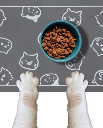 Cat Food Mat for Pet Dog Food Mat, Cat Mat for Food and Water, Cat Feeding Mat Pet Dog Cat Bowl Mat, Non-Slip Super Absorbent, with Multiple cat Heads Logo，18.1 x 11.8 inches, Dark Grey