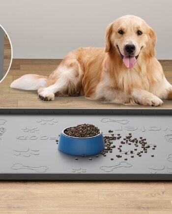 Dog Food Mat - Silicone Dog Mat for Food and Water - 36" x 24" Large Pet Feeding Mats with Residue Collection Pocket - Waterproof Dog Cat Bowl Mat with High Edges to Prevent Water Food Spills (Gray)