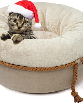 Cat Beds for Indoor Cats - Donut Washable Small Pet Bed, 22 inches Anti-Slip Round Fluffy Plush Large Cat Bed, Warm and Thicked Dog Bed, Light Brown
