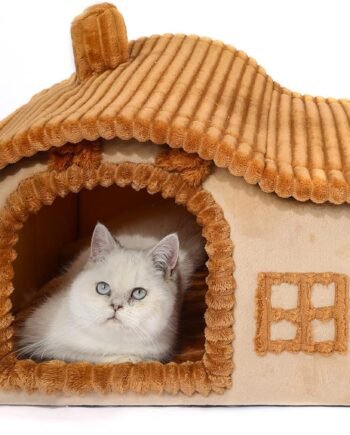 Cat Houses for Indoor Cats, Chimney Cute Cat Bed Cave, Enough Interior Space, Cartoon Soft Pet House Up to 3-7 lbs Kitten, Brown