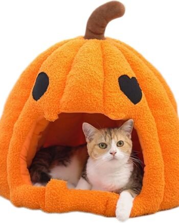 Halloween Pumpkin Cat Nest, Autumn and Winter Warm Cat House, Semi-Enclosed Cat and Dog Kennel with Removable Washable Cushioned Pillow, Non-Slip Bottom,XL