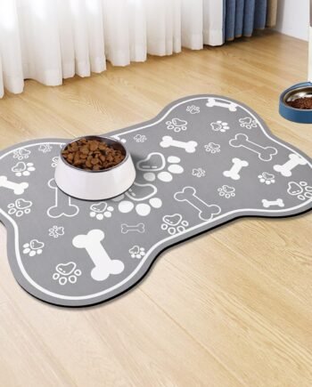 Dog Cat Food Mat,Rapid Absorbent Pet Feeding Mat, Bone Shaped Dog Placemat Water Bowl Mat with Rubber Backing,No Stains Dog Cat Food Mats Indoor, Pet Accessories Supplies 12"x18" Grey