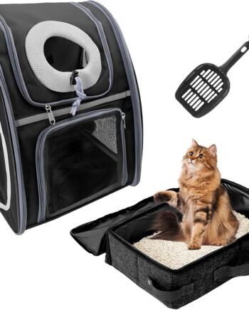 Soft-Sided Cat Carrier Backpack & Foldable Travel Litter Box for Cats, Portable Cat Litter Box with Lid Fit for Pet Cats or Kitten Up to 20lbs, Cat Essentials for Outdoor Traveling