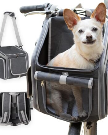 Dog Bike Basket, Mesh Windows, 2 Safety Leashes, Soft Sided, Safe Comfortable Pet Carrier for Small Dogs, Cats (Grey)