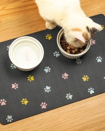 Cat Food Mat Absorbent Dog Mat for Food and Water Non Slip Quick Dry Dog Bowl Mats for Floors 19" X 12" Paw Dark Gray